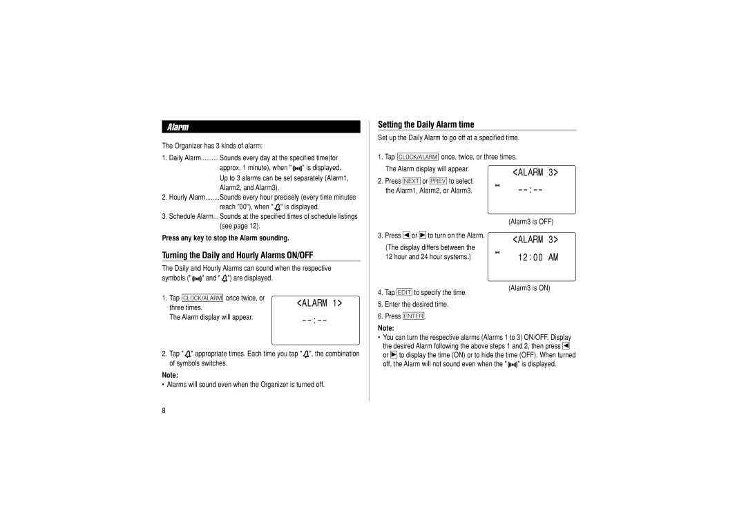 Sharp OZ-290 operation manual Setting the Daily Alarm time, Turning the Daily and Hourly Alarms ON/OFF 