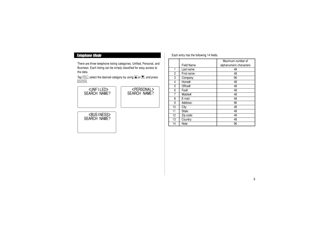 Sharp OZ-290 operation manual Telephone Mode, UNF I LED Pers Onal Sear CH NA ME? BUS I Ness Search NAME? 