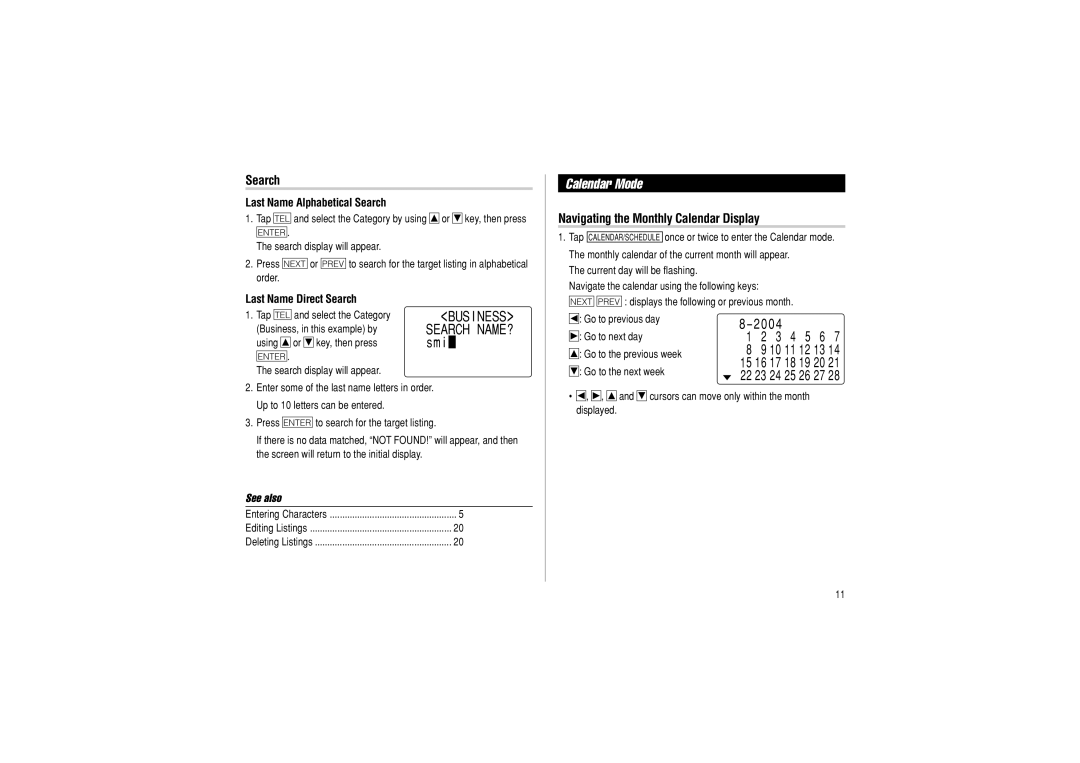 Sharp OZ-290 operation manual Calendar Mode, Navigating the Monthly Calendar Display, Last Name Alphabetical Search 