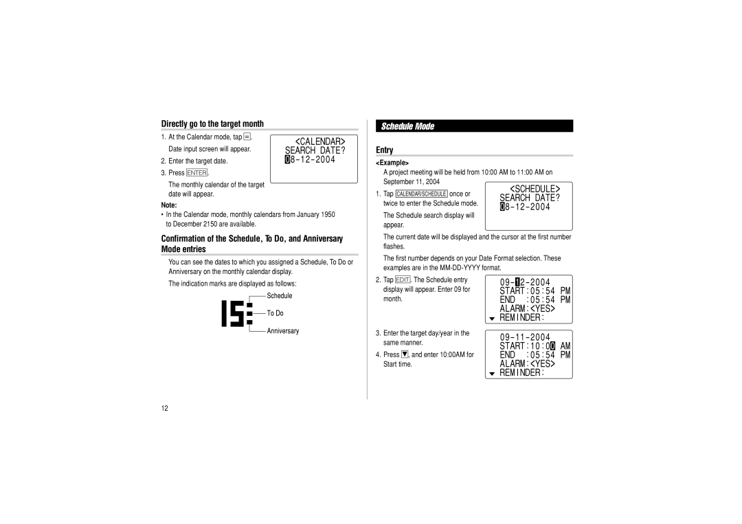 Sharp OZ-290 operation manual Schedule Mode, Directly go to the target month, Calendar, Search DATE?, REM I Nder 