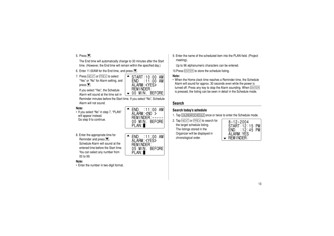 Sharp OZ-290 operation manual Alarm no, Search today’s schedule, Alarm YES REM I Nder 