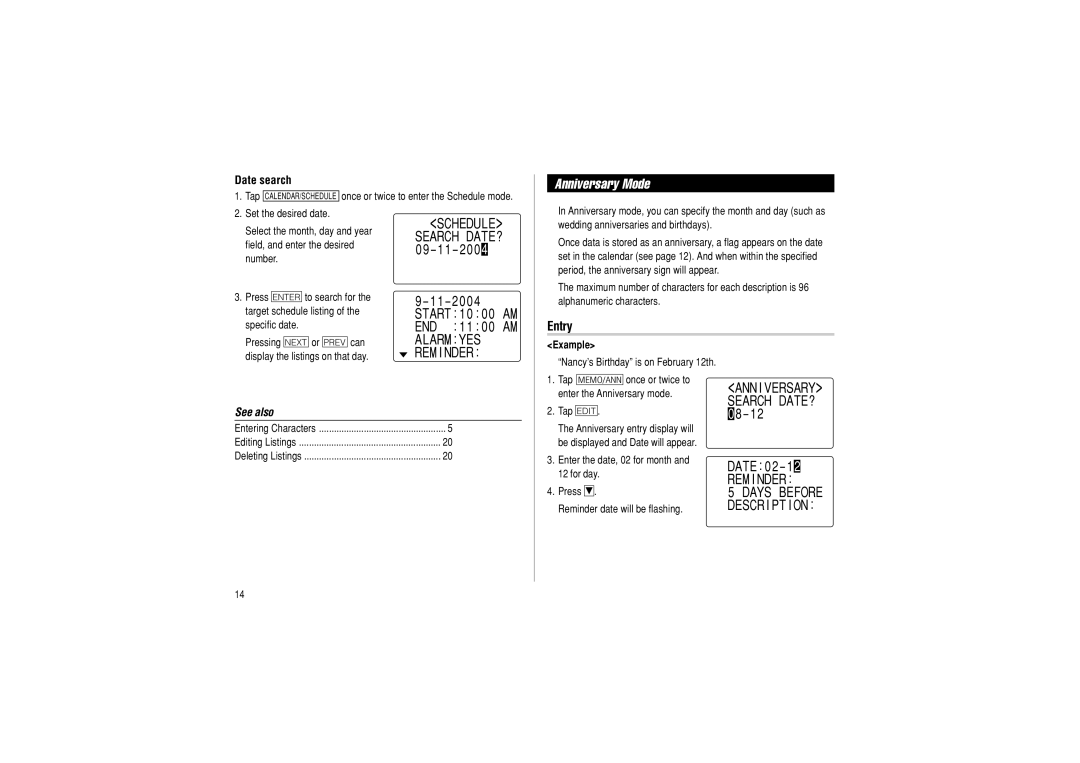 Sharp OZ-290 operation manual Anniversary Mode, Date search 