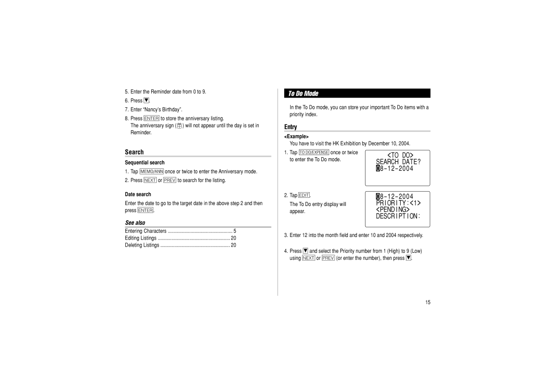 Sharp OZ-290 operation manual To Do Mode, To do, Descr I PT I on, Sequential search, Date search 