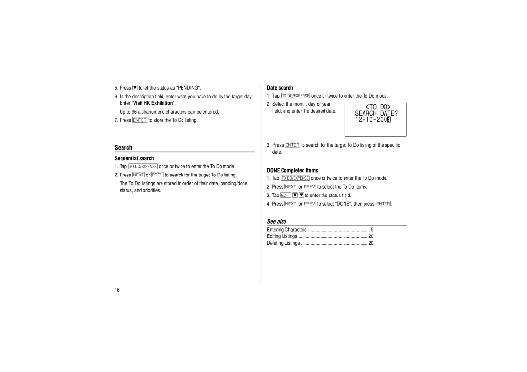 Sharp OZ-290 operation manual Sequential search, Done Completed Items 