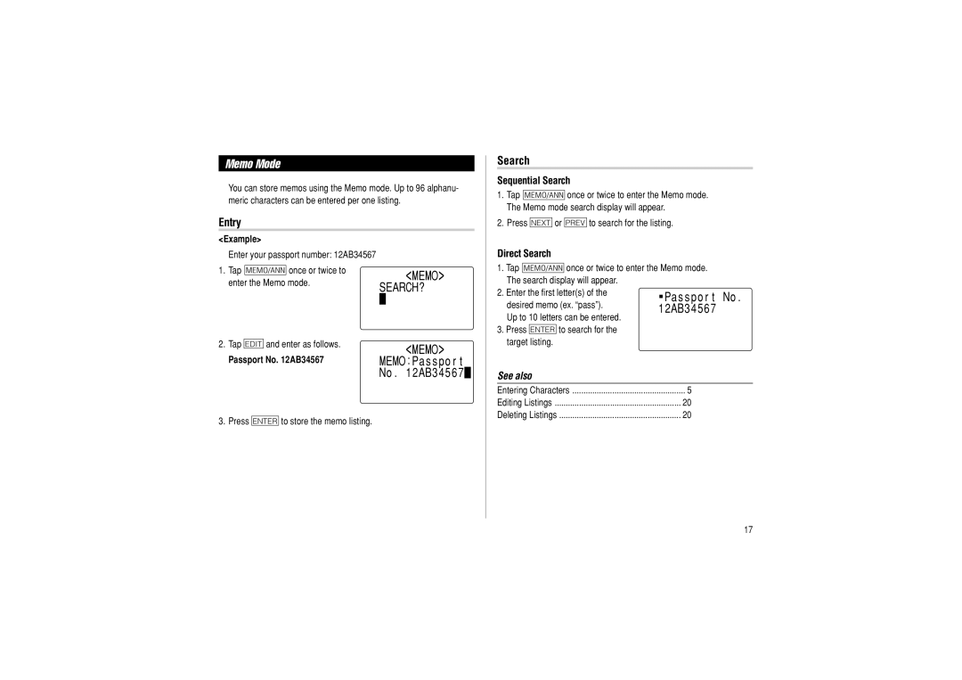 Sharp OZ-290 operation manual Memo Mode, Entry Search, Memo SEARCH?, Direct Search, Pa s s p o r t No 