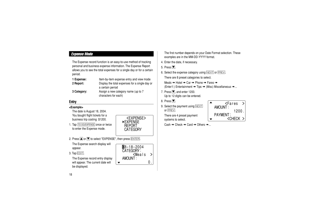 Sharp OZ-290 operation manual Expense Mode, Expense Report Category, Payment Check, Ategory, Amount 