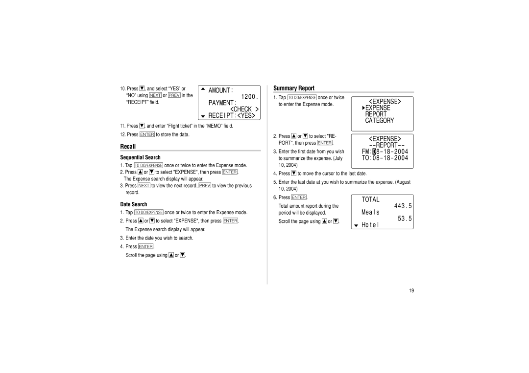 Sharp OZ-290 operation manual Summary Report, Recall, Payment Check Rece I PT YES, Expense, Total 