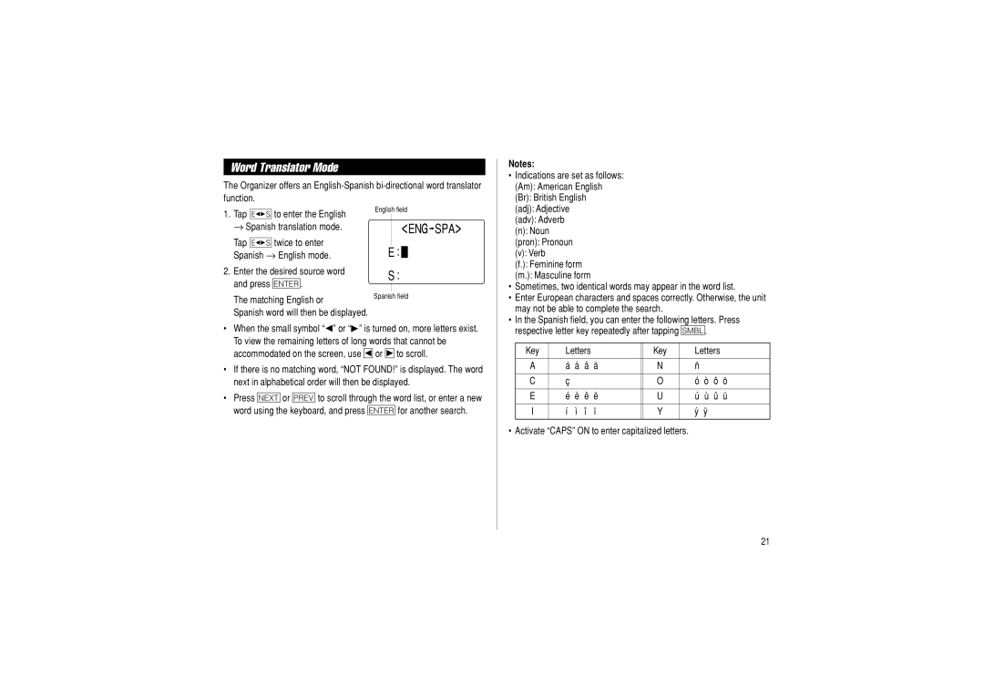 Sharp OZ-290 operation manual Word Translator Mode, Eng Spa 