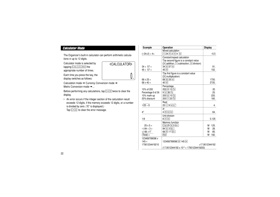 Sharp OZ-290 operation manual Calculator Mode, CAL Culat or, Example Operation Display 