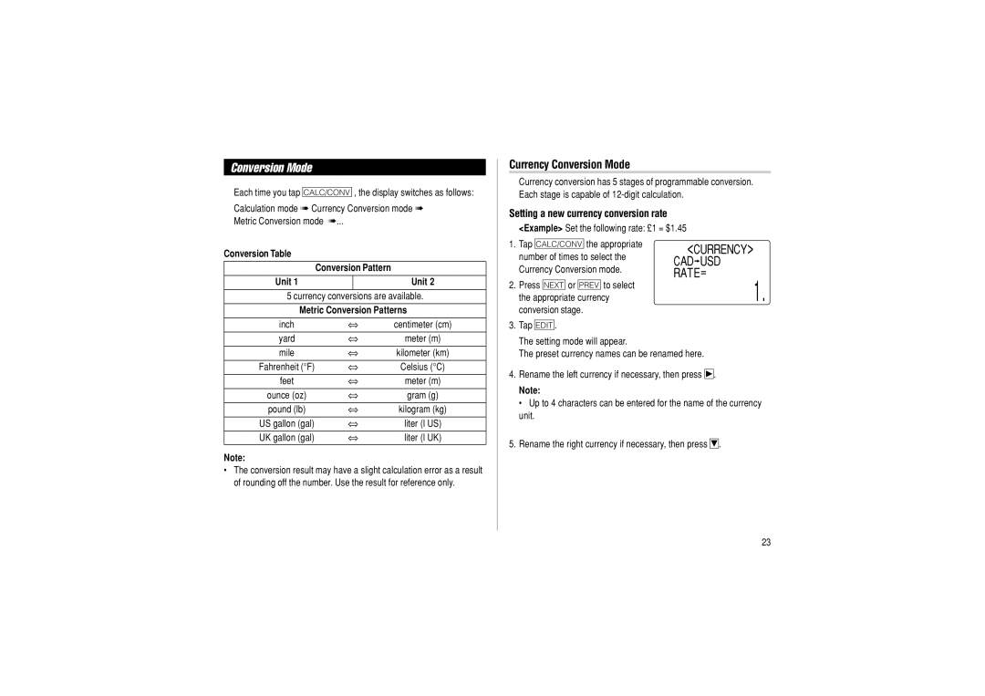 Sharp OZ-290 operation manual Currency Conversion Mode, Setting a new currency conversion rate, Currency CAD USD RATE= 