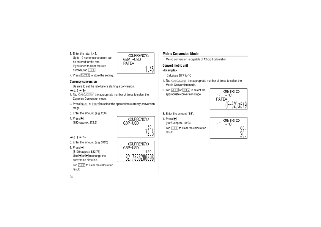 Sharp OZ-290 operation manual Metric Conversion Mode, Convert metric unit, Currency conversion 