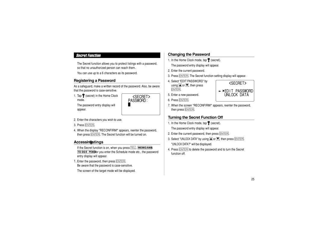 Sharp OZ-290 Registering a Password, Changing the Password, Turning the Secret Function Off, Accessing listings 