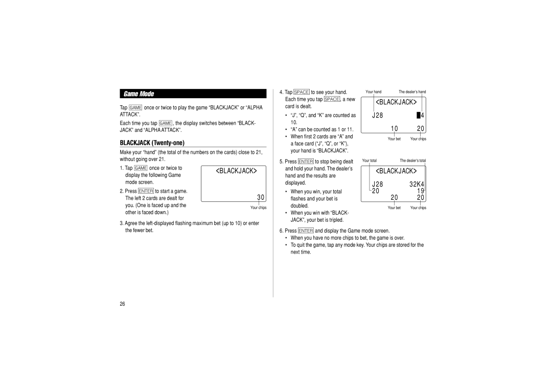 Sharp OZ-290 operation manual Game Mode, Blackjack Twenty-one 