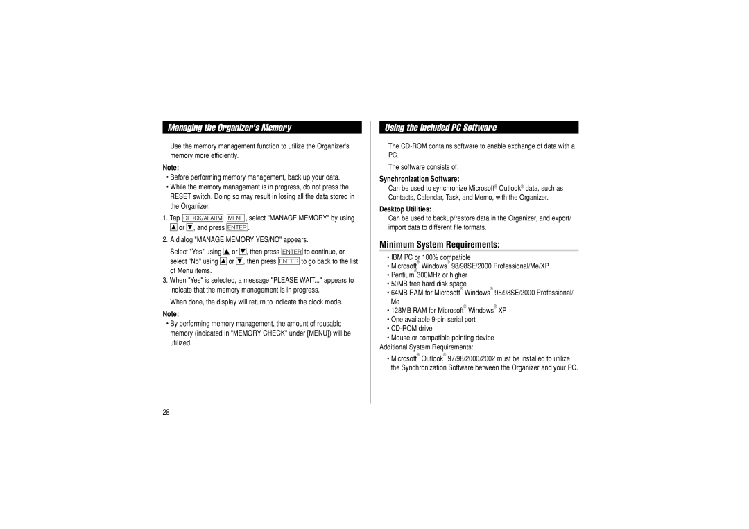 Sharp OZ-290 operation manual Managing the Organizers Memory, Using the Included PC Software, Minimum System Requirements 