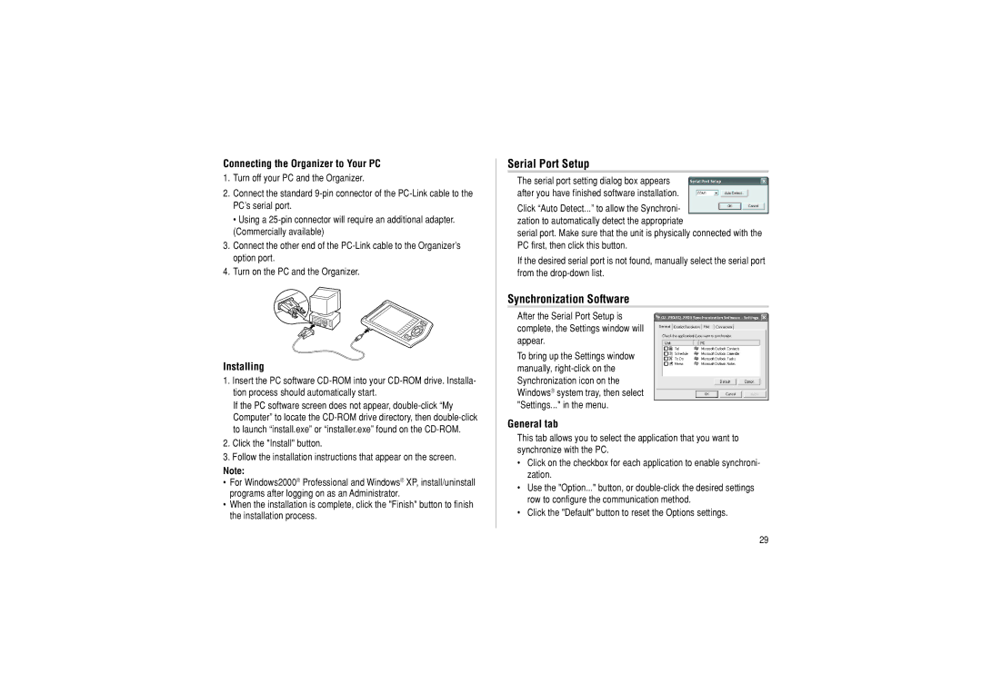 Sharp OZ-290 Serial Port Setup, Synchronization Software, Connecting the Organizer to Your PC, Installing, General tab 