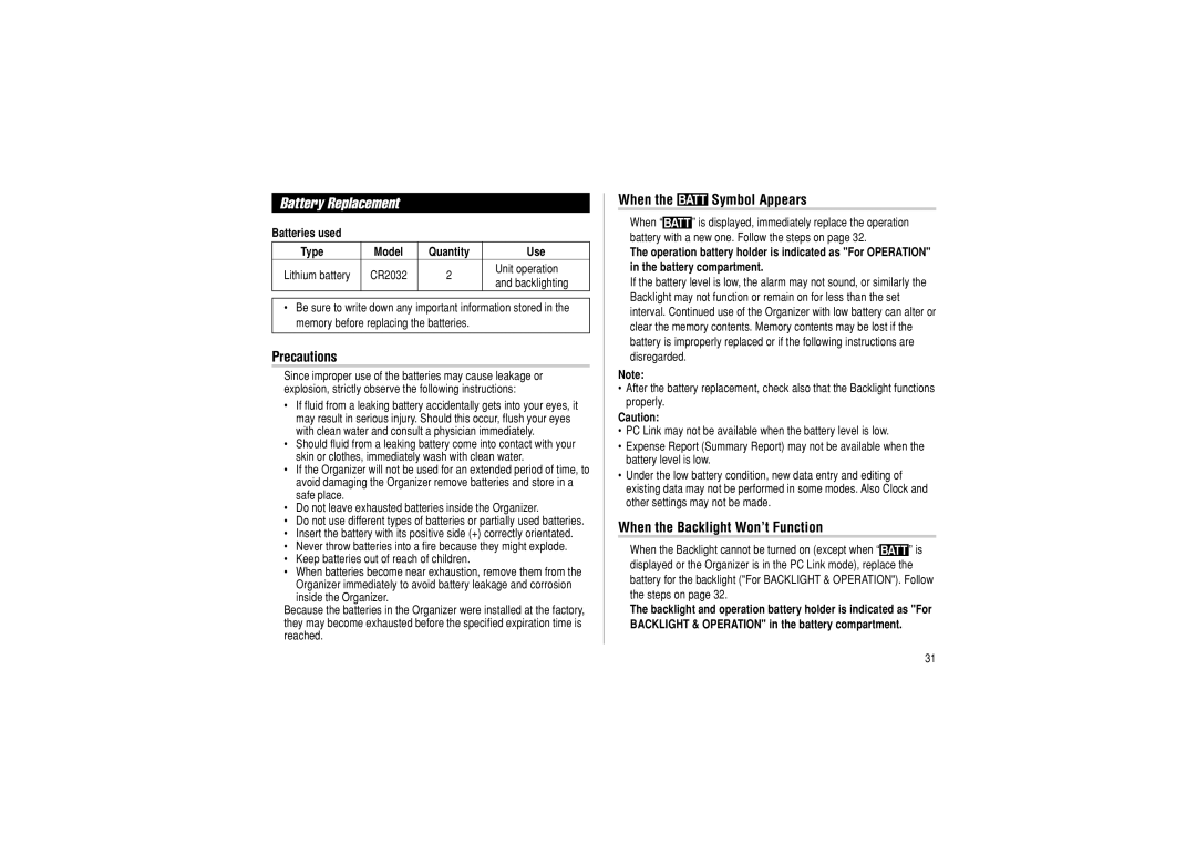 Sharp OZ-290 operation manual Battery Replacement, When the B Symbol Appears, When the Backlight Won’t Function 