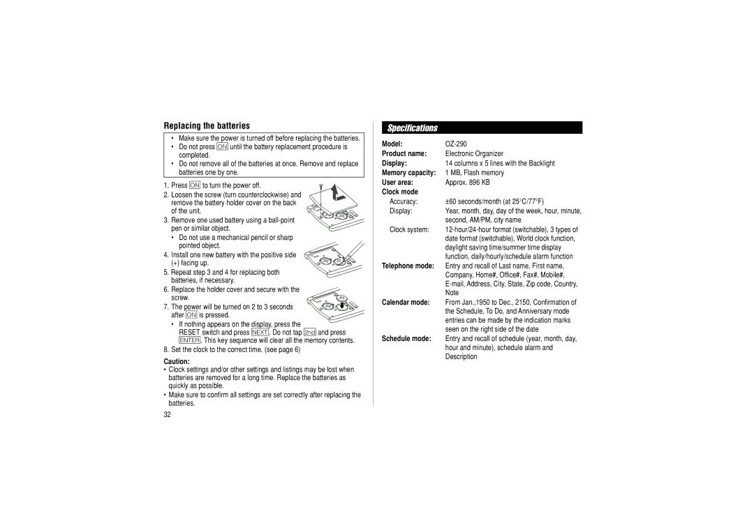 Sharp OZ-290 operation manual Specifications, Replacing the batteries 