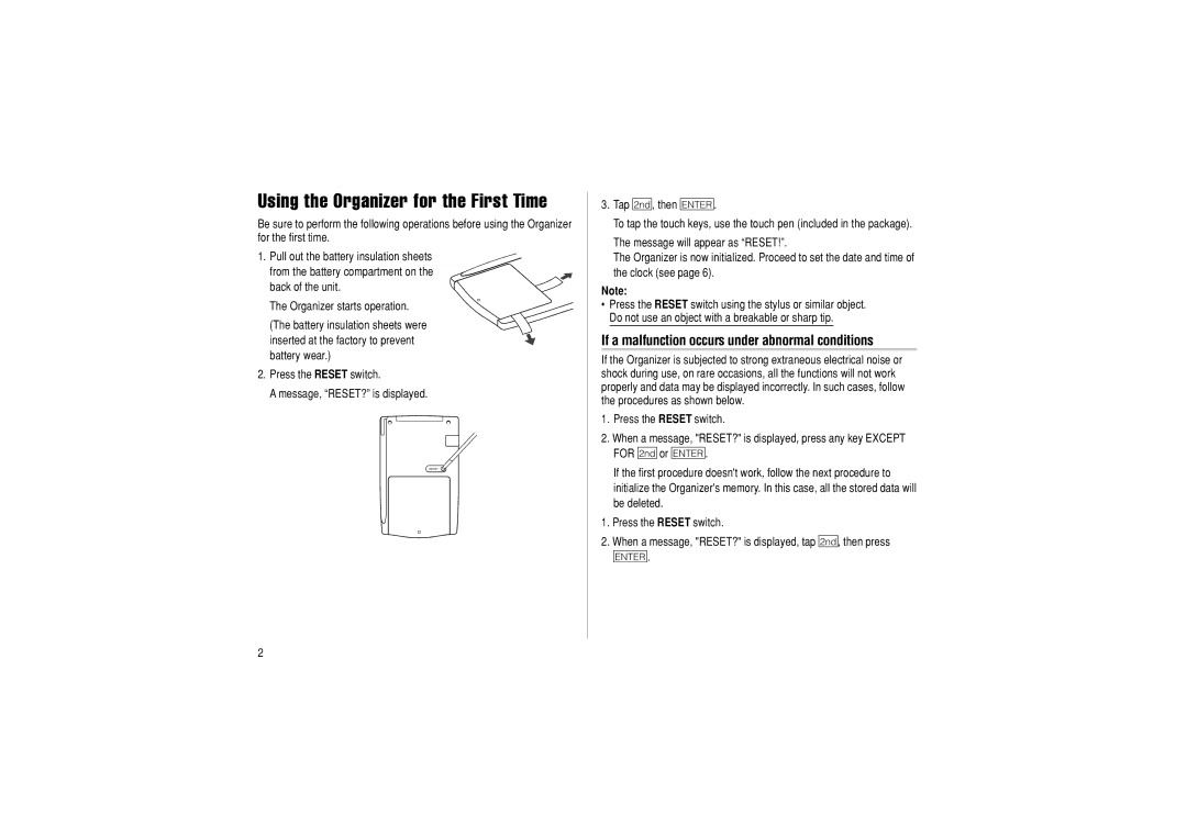 Sharp OZ-290 operation manual Using the Organizer for the First Time, If a malfunction occurs under abnormal conditions 