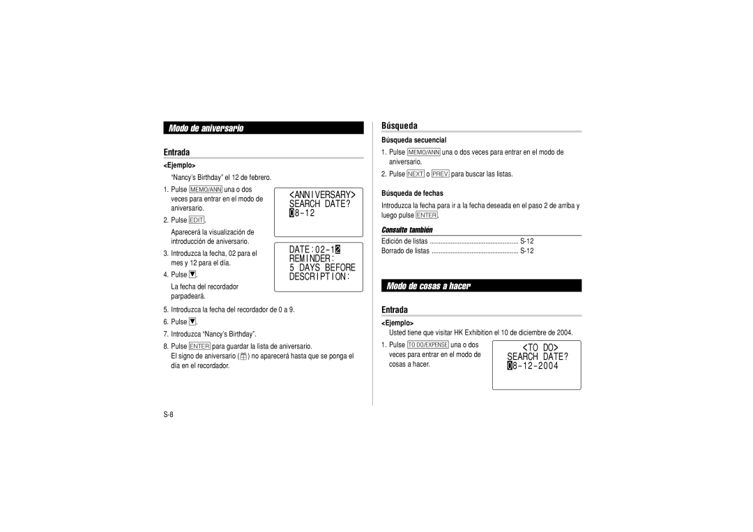 Sharp OZ-290 operation manual Modo de aniversario, Modo de cosas a hacer, Entrada Búsqueda, 2 2 0 