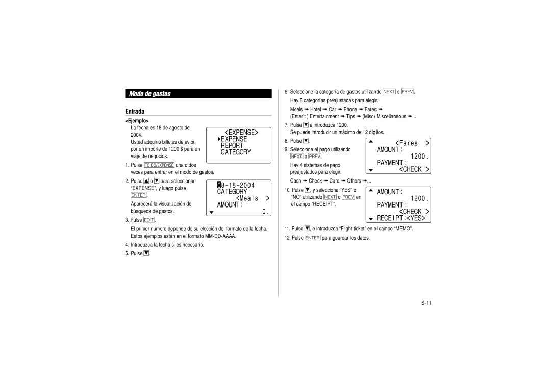 Sharp OZ-290 operation manual Modo de gastos, Category, Amount Payment Check Rece I PT YES 