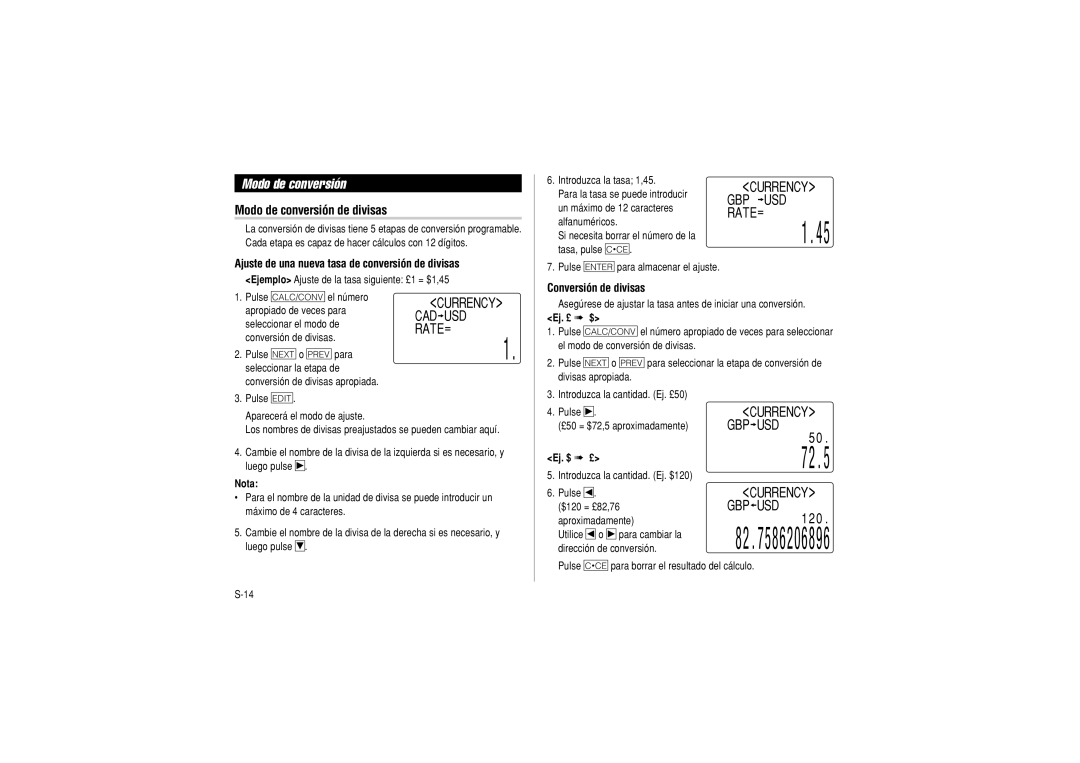 Sharp OZ-290 Modo de conversión de divisas, Ajuste de una nueva tasa de conversión de divisas, Conversión de divisas 