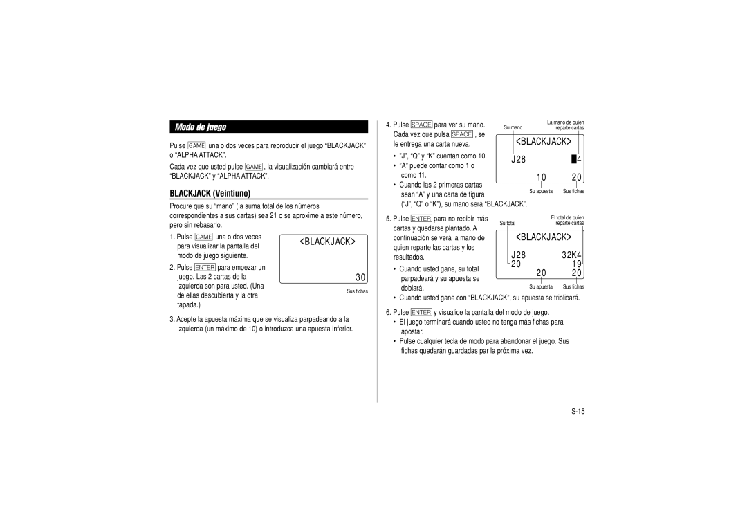 Sharp OZ-290 operation manual Modo de juego, Blackjack Veintiuno, BLA Ckja CK 