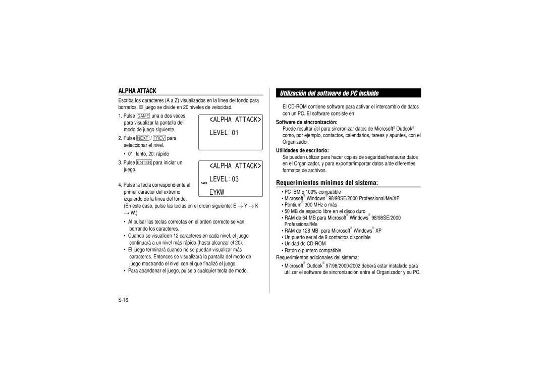 Sharp OZ-290 Utilización del software de PC incluido, Requerimientos mínimos del sistema, Alpha Attack Level 0 