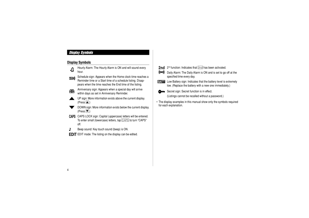 Sharp OZ-290 operation manual Display Symbols 