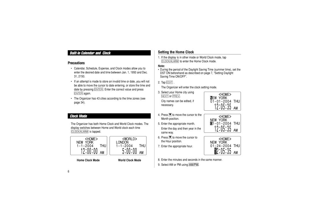 Sharp OZ-290 operation manual Built-in Calendar and Clock, Clock Mode, Precautions, Setting the Home Clock 