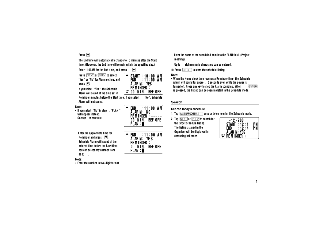 Sharp OZ-290HII operation manual Alarm no, Search today’s schedule, Alarm YES REM I Nder 