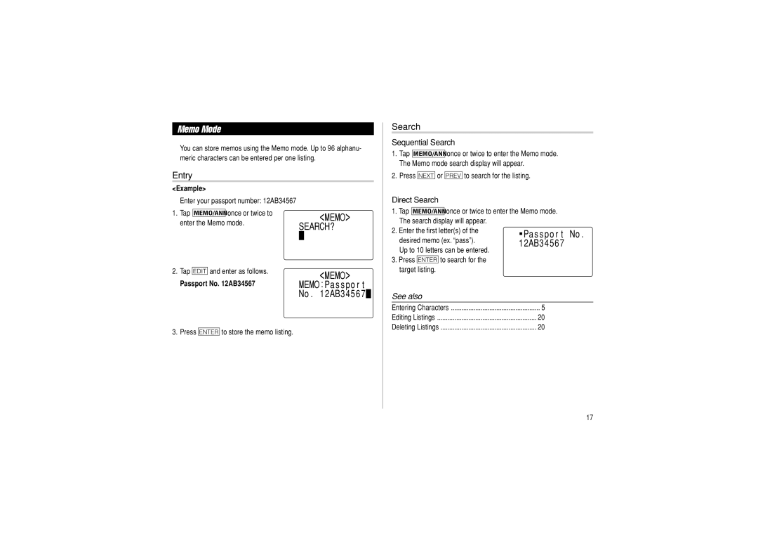 Sharp OZ-290HII operation manual Memo Mode, Entry Search, Memo SEARCH?, Direct Search, Pa s s p o r t No 