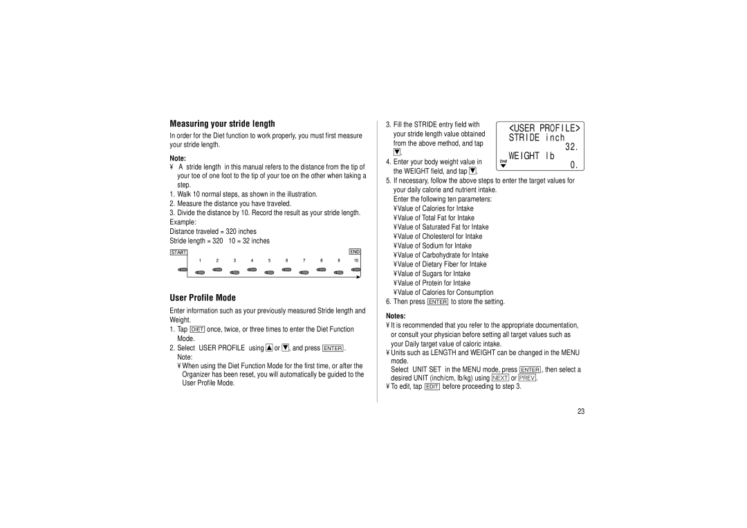 Sharp OZ-290HII operation manual Measuring your stride length, User Profile Mode, User Prof I LE STR I DE i n c h 