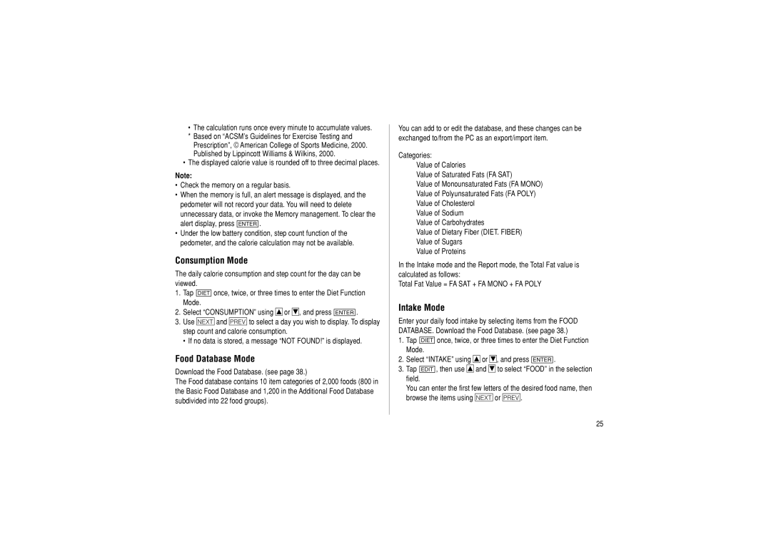 Sharp OZ-290HII operation manual Consumption Mode, Food Database Mode, Intake Mode 