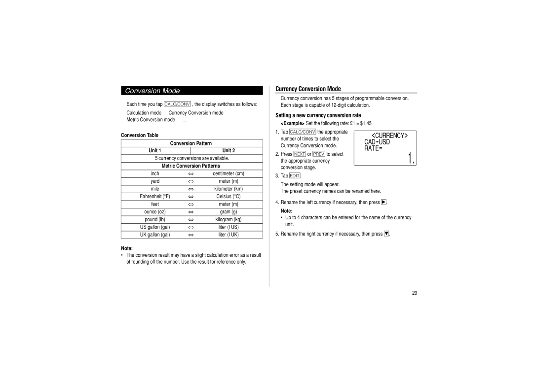 Sharp OZ-290HII Currency Conversion Mode, Setting a new currency conversion rate, Currency CAD USD RATE= 