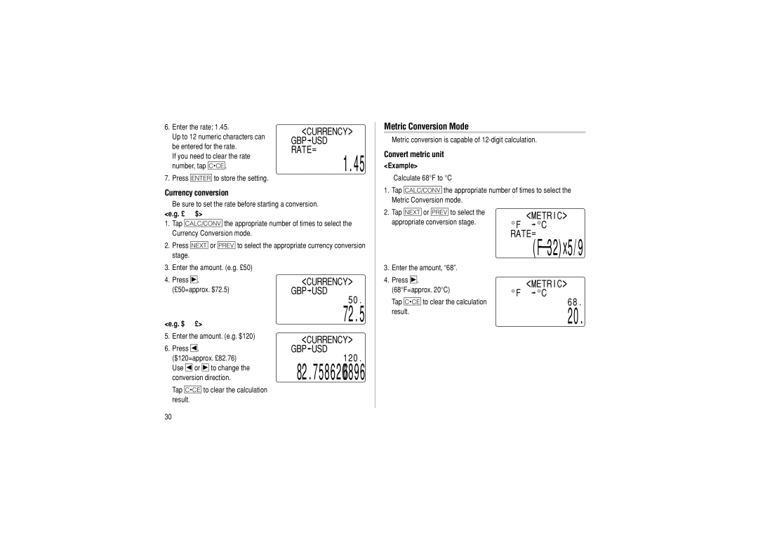 Sharp OZ-290HII operation manual Metric Conversion Mode, Convert metric unit, Currency conversion 