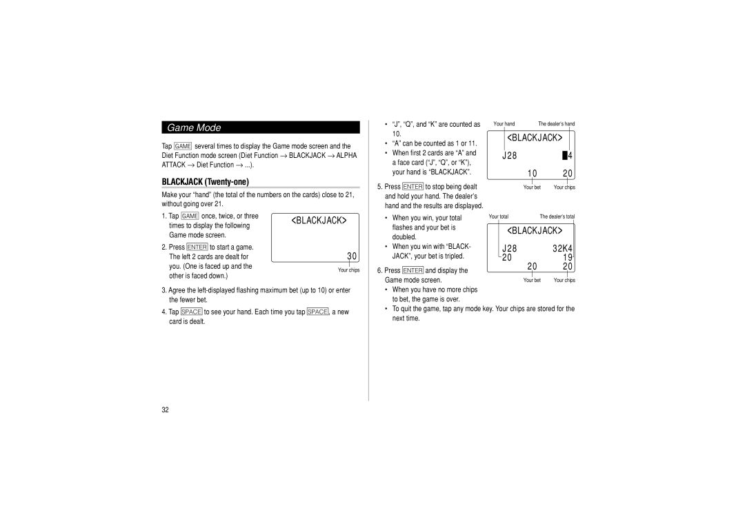 Sharp OZ-290HII operation manual Game Mode, Blackjack Twenty-one 