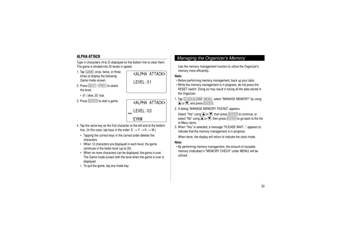 Sharp OZ-290HII operation manual Managing the Organizers Memory, Alpha Attack Level 0 Eykw 