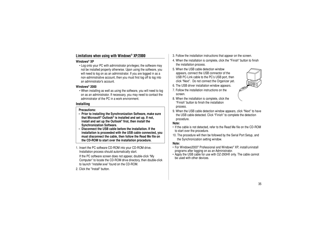 Sharp OZ-290HII operation manual Limitations when using with Windows XP/2000, Installing 