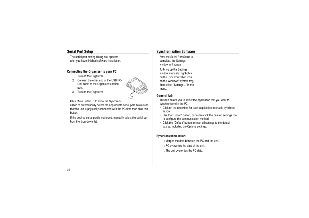 Sharp OZ-290HII Serial Port Setup, Synchronization Software, Connecting the Organizer to your PC, General tab 