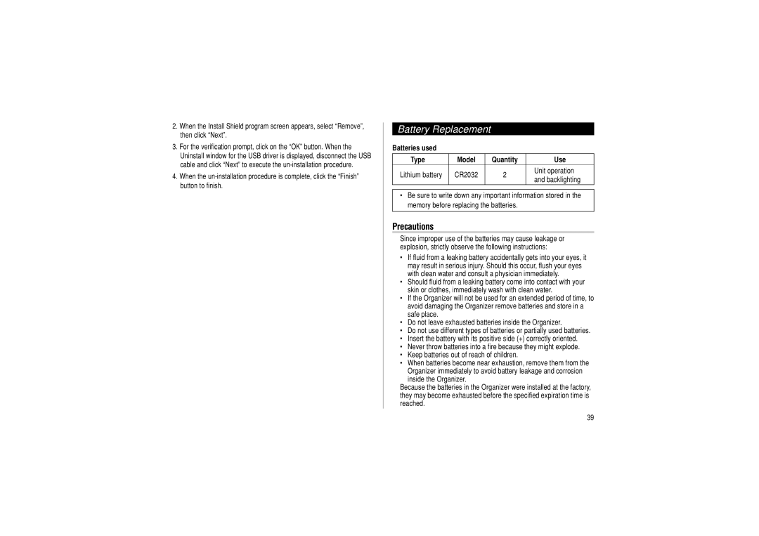 Sharp OZ-290HII operation manual Battery Replacement, Batteries used Type Model Quantity Use 