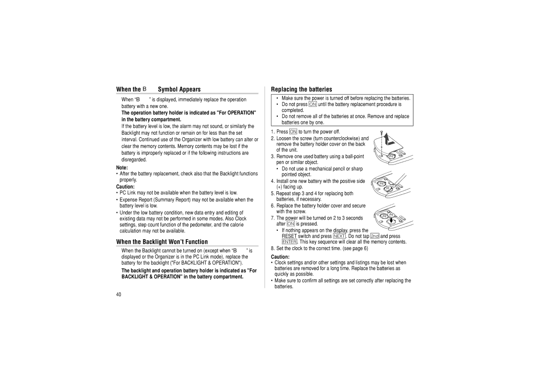 Sharp OZ-290HII operation manual When the B Symbol Appears, When the Backlight Won’t Function, Replacing the batteries 