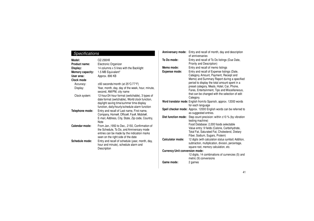 Sharp OZ-290HII operation manual Specifications 