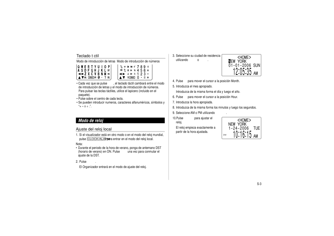 Sharp OZ-290HII operation manual Modo de reloj, Teclado táctil, Ajuste del reloj local 