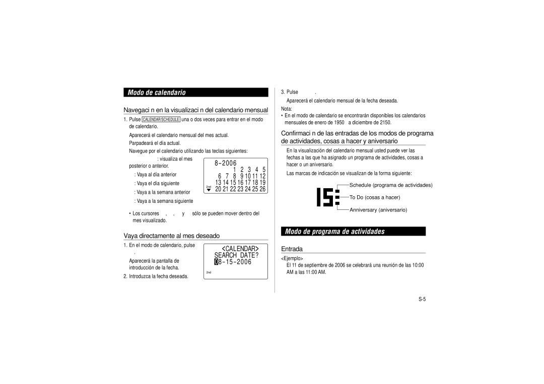 Sharp OZ-290HII operation manual Modo de calendario, Modo de programa de actividades, Vaya directamente al mes deseado 