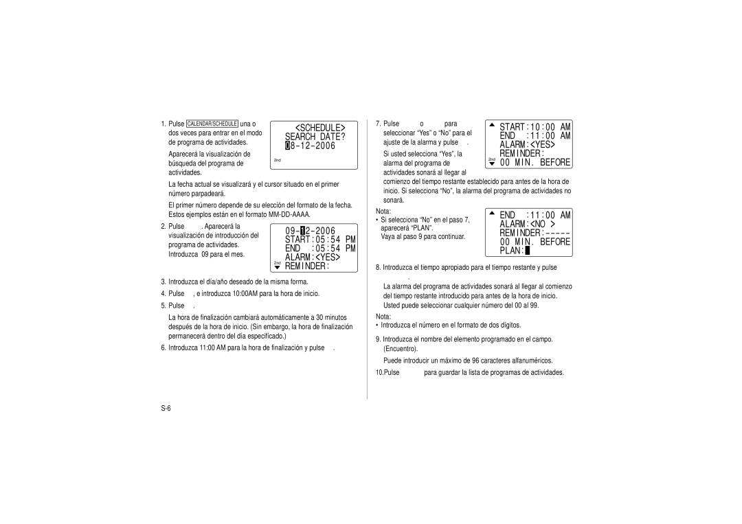 Sharp OZ-290HII operation manual Search DATE? 0 8 1 2 2 0 0, 1 2 2 0 0 6 Start 0 5 5 4 PM END 0 5 5 4 PM Alarm YES 