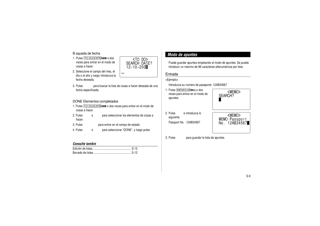 Sharp OZ-290HII operation manual Modo de apuntes, Search DATE? 12 1 0 2 0 0, Done Elementos completados 