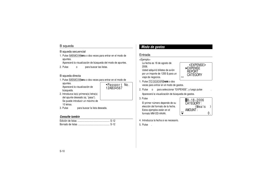 Sharp OZ-290HII operation manual Modo de gastos, Búsqueda directa 