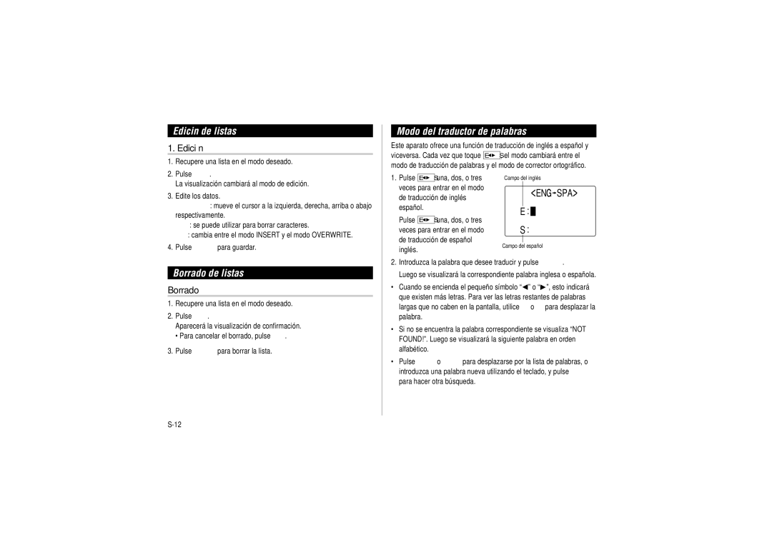 Sharp OZ-290HII operation manual Edición de listas, Modo del traductor de palabras, Borrado de listas 