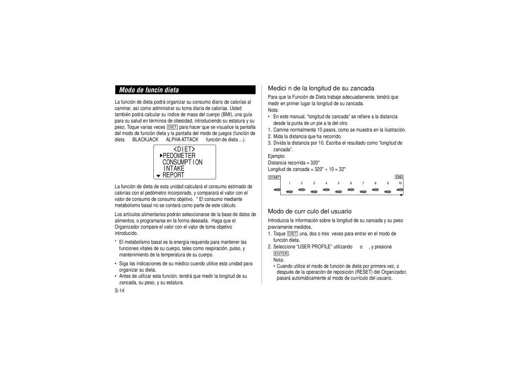 Sharp OZ-290HII Modo de función dieta, Medición de la longitud de su zancada, Modo de currículo del usuario 