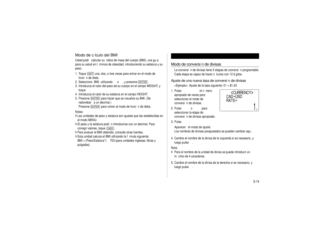 Sharp OZ-290HII operation manual Modo de cálculo del BMI, Modo de conversión de divisas 